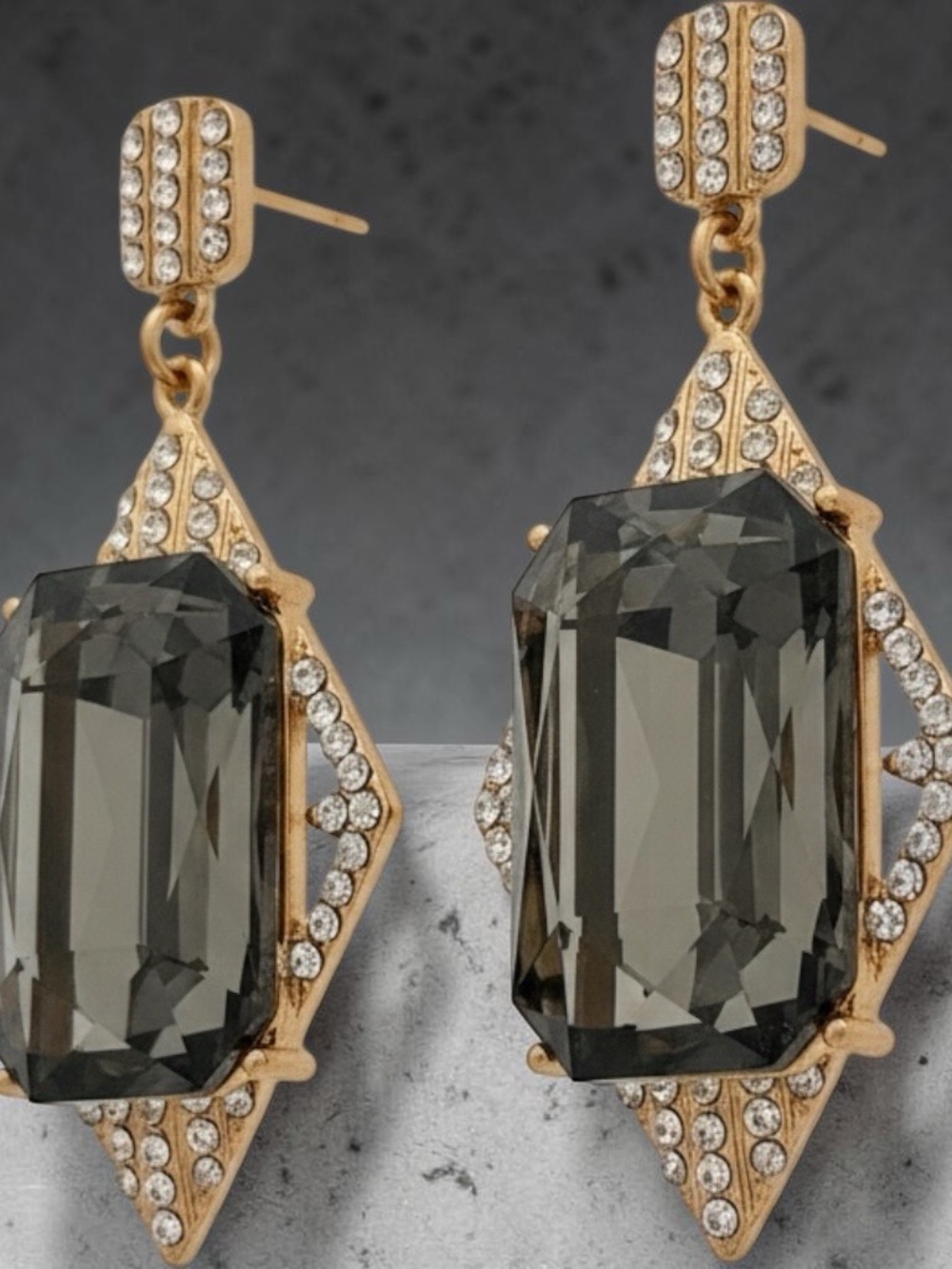 Windsor Gold-Tone Drop Earrings with Smoky Gray Stones and Clear Pavé